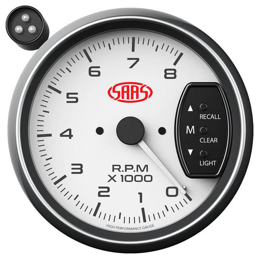 SAAS Muscle Series 3-3/4"" Tacho Gauge 8,000RPM w/Shift Light White SG-TAC334W