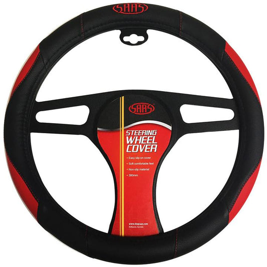 SAAS Steering Wheel Cover - Black-Red Poly With Logo 380mm SWC003