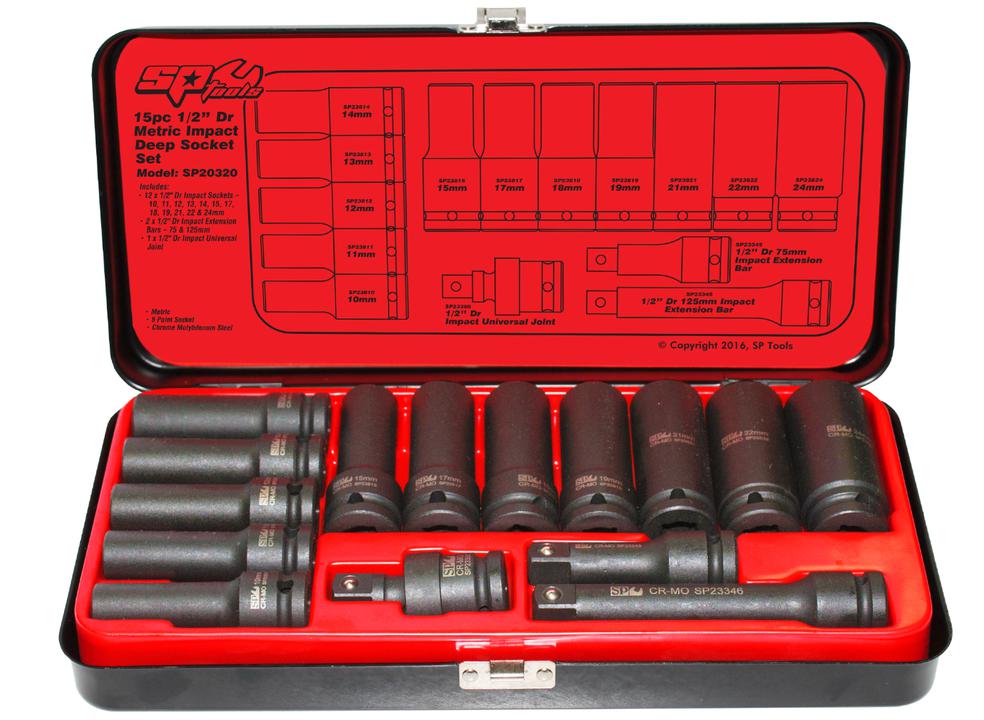SP Tools Socket Set Impact 1/2Dr Deep 6PT 15Pc Metric