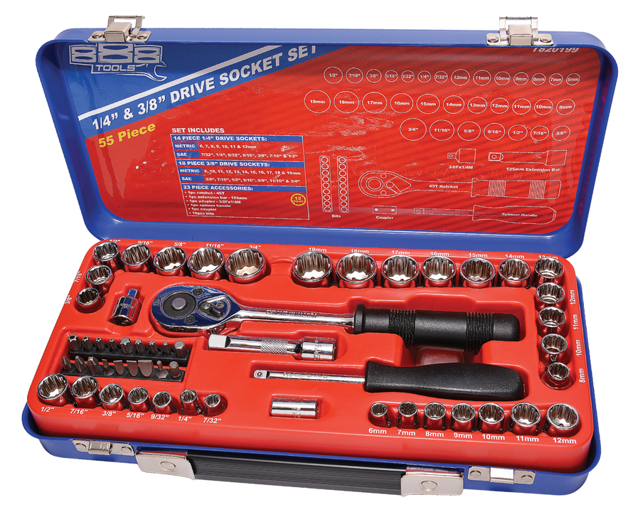 888 By SP Tools Socket Set 888 1/4"" & 3/8 Dr 12PT Metric/SAE 55Pc