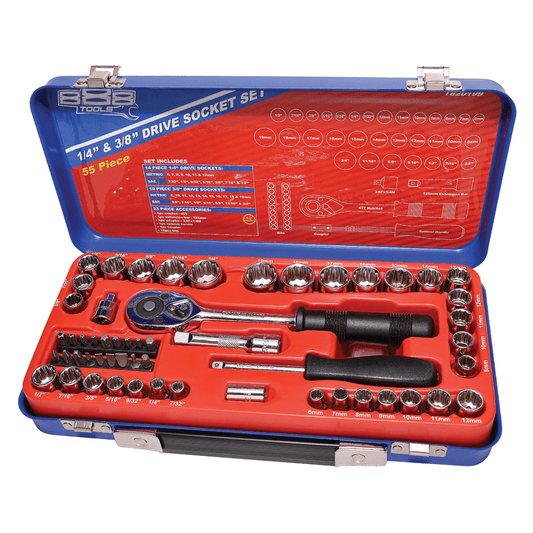 888 By SP Tools Socket Set 888 1/4"" & 3/8 Dr 12PT Metric/SAE 55Pc