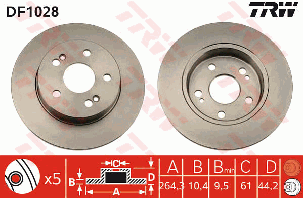 TRW Brake Rotor Single 264.3mm Rear DF1028S