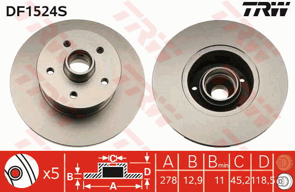 TRW Brake Rotor 278mm Front DF1524S