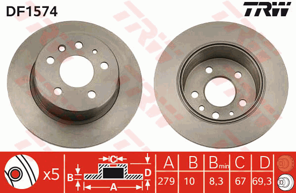 TRW Brake Rotor Single 279mm Rear DF1574S