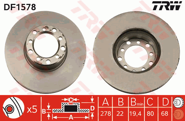 TRW Brake Rotor Single 278mm Rear DF1578S