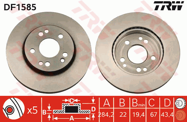 TRW Brake Rotor Single 284mm Front DF1585S