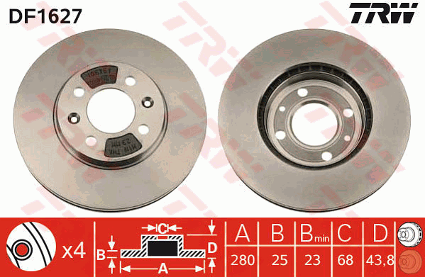 TRW Brake Rotor Single 280mm Front DF1627S