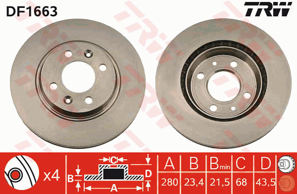 TRW Brake Rotor Single 280mm Front DF1663S