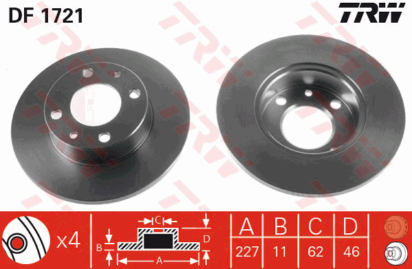 TRW Brake Rotor Pair 227.5mm Front DF1721S