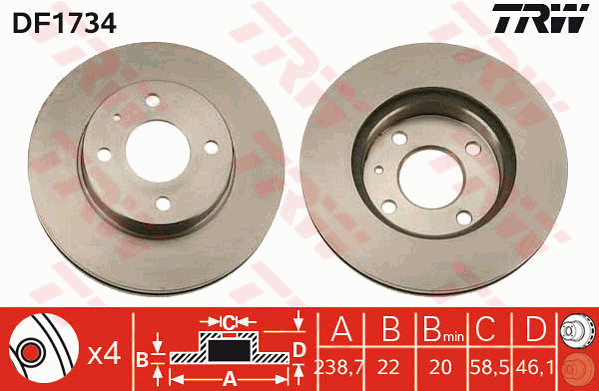 TRW Brake Rotor Single 239mm Front DF1734S