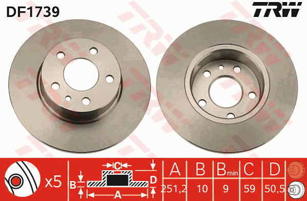 TRW Brake Rotor Single 251.5mm Rear DF1739S