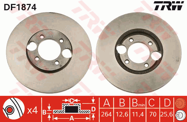 TRW Brake Rotor Single 264mm Rear DF1874S