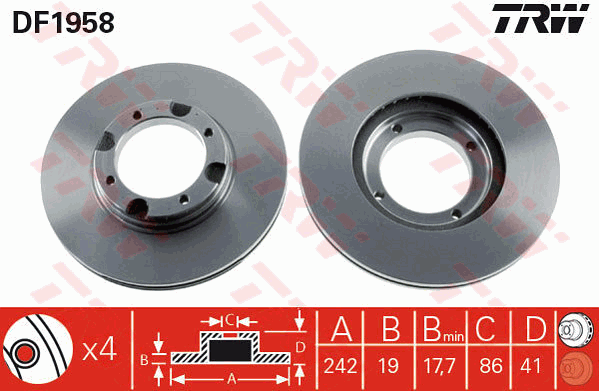 TRW Brake Rotor 242mm Front DF1958S