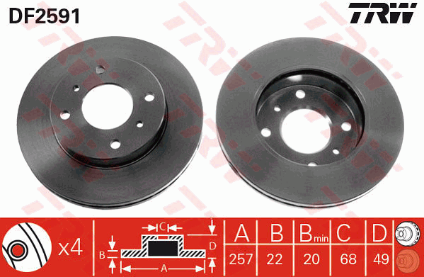TRW Brake Rotor 257mm Front DF2591S