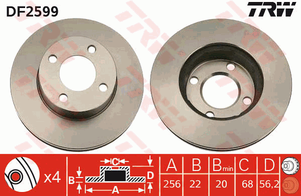 TRW Brake Rotor Single 256mm Front DF2599S