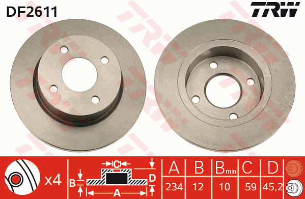 TRW Brake Rotor Single 234mm Front DF2611S