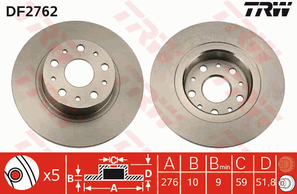 TRW Brake Rotor Single 276mm Rear DF2762S