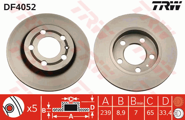 TRW Brake Rotor Single 239mm Rear DF4052S