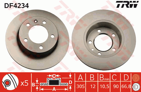 TRW Brake Rotor Single 305mm Rear DF4234S