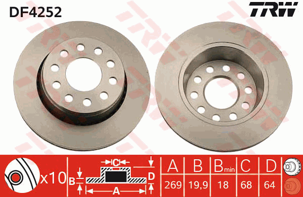 TRW Brake Rotor Single 269mm Rear DF4252S
