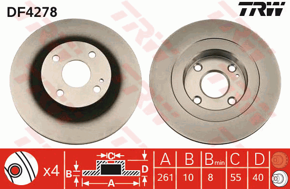TRW Brake Rotor Single 261mm Rear DF4278S