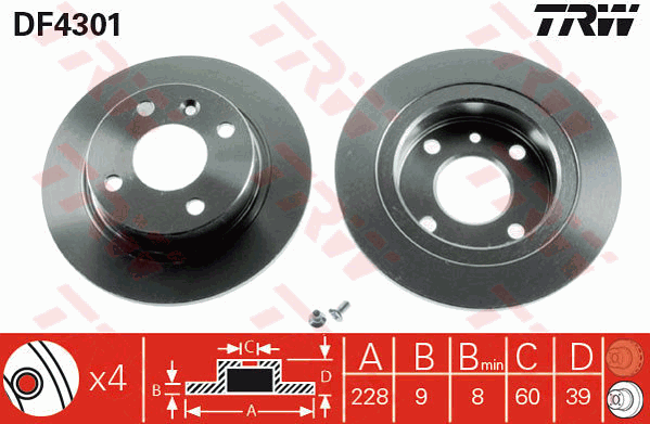 TRW Brake Rotor Single 228mm Rear DF4301S