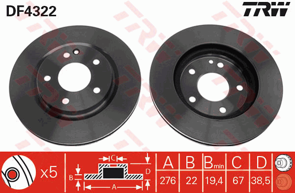 TRW Brake Rotor Single 276mm Front DF4322S