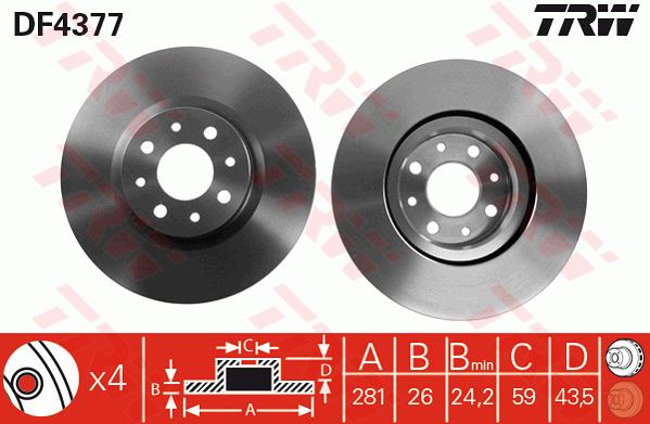 TRW Brake Rotor Single 281mm Front DF4377S