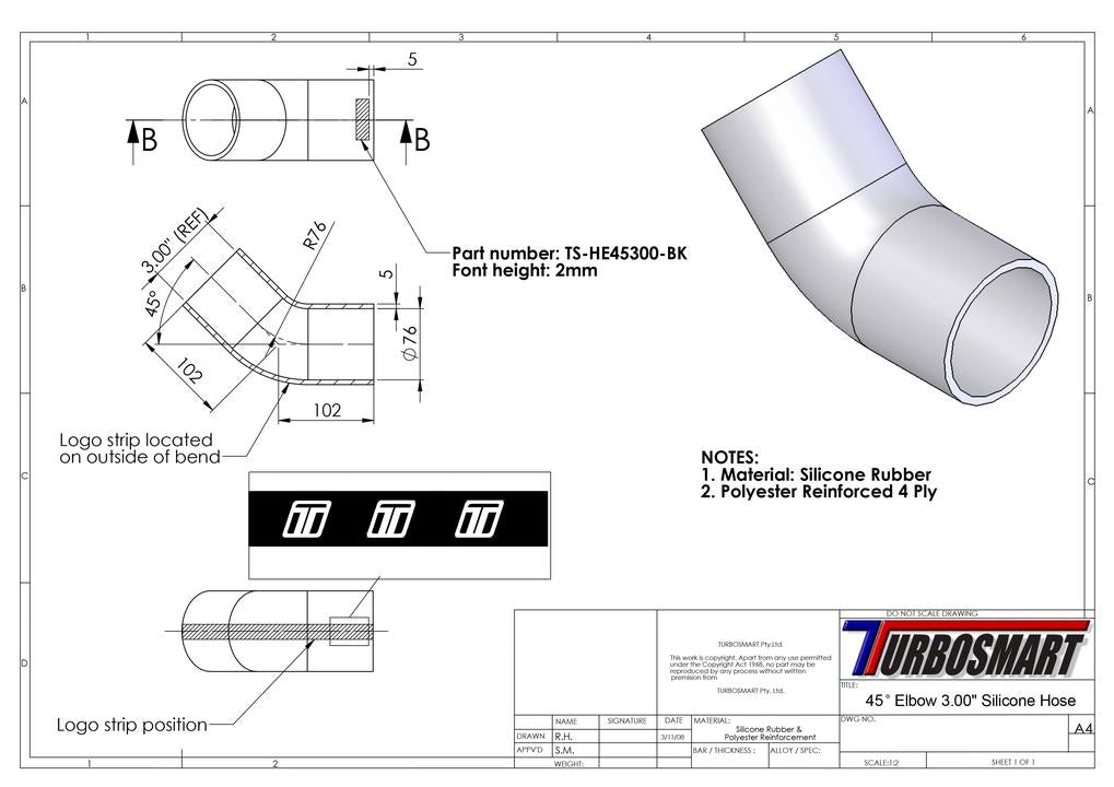 Turbosmart 45 Elbow 3.00"" (Black)