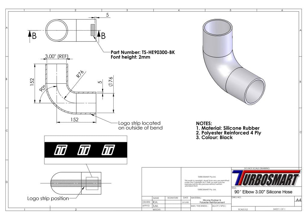 Turbosmart 90 Elbow 3.00"" (Black)