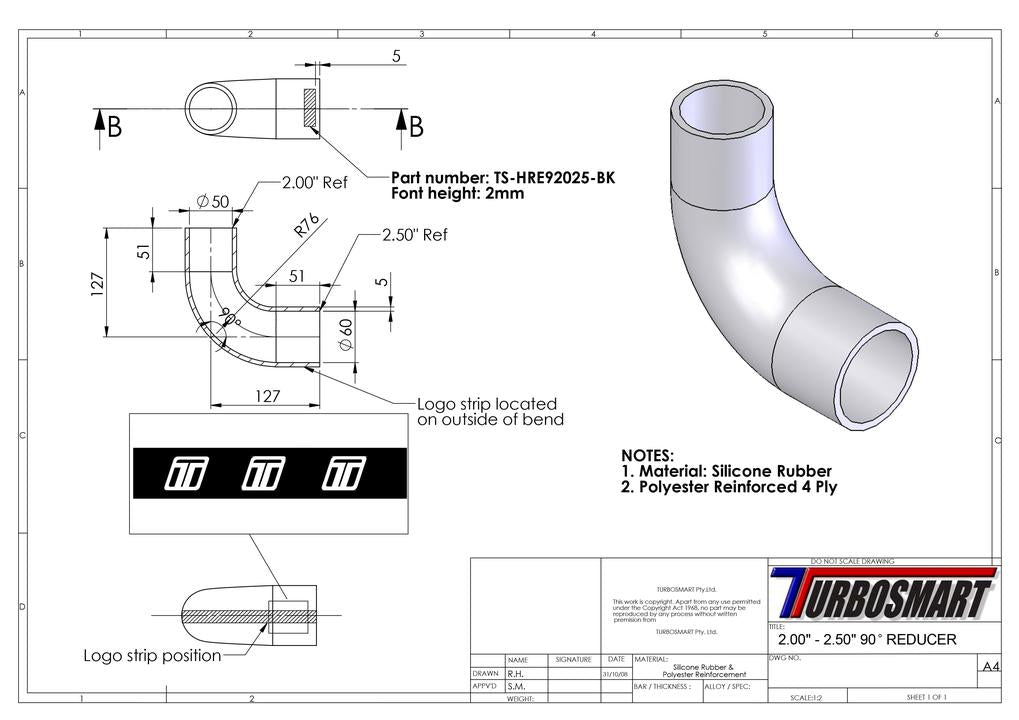 Turbosmart 90 Reducer Elbow2.00-2.50"" (Black)