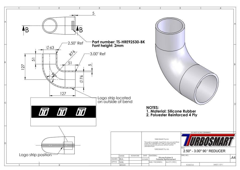 Turbosmart 90 Reducer Elbow 2.50-3.00"" (Black)